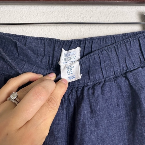 Sigrid Olsen blue 100% linen cuffed pull on elastic waist pants pockets M - Picture 3 of 5